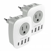 [2-Pack] European Travel Plug Adapter, VINTAR International Power Adaptor with 1 USB C, 2 American Outlets and 3 USB Ports, 6 in 1 Travel Essentials to Most of Europe Greece, ItalyType C