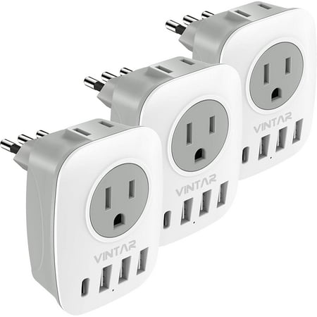 VINTAR Italy Chile Power Plug Adapter, Travel Adapter for US to Italy Lybia Syria Tunisia Uruguay,Italy Power Adapter with 3 USB 2 Electrical Outlets 1 USB C(Type L,3 Pack)