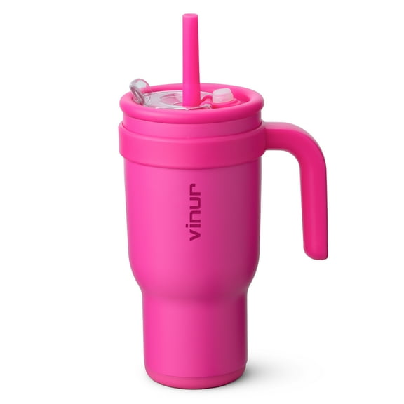 VINUR 30oz Insulated Tumbler with Handle & Straw Lid - Leakproof Stainless Steel Travel Mug for Coffee/Water, Non-Slip Base for Office, Car, Gym (Rose Red)