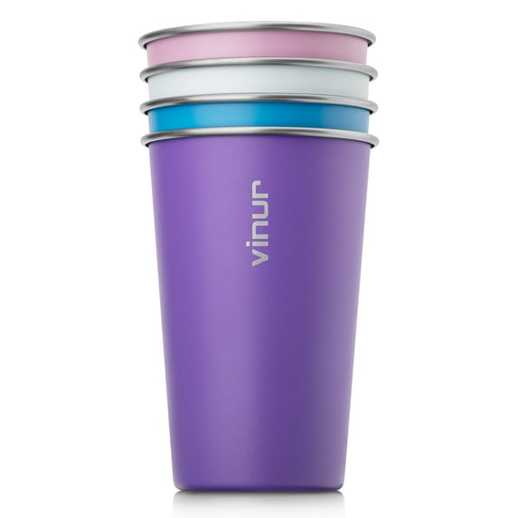 VINUR 4 Pack 16oz Stainless Steel Cups - Unbreakable & Stackable Metal Tumblers for Camping, Travel, Picnic - Rustproof Drinking Glasses (Purple Pink-Sky Blue-Purple-Baby Blue)