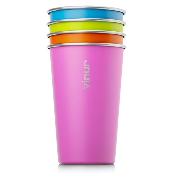 VINUR 4 Pack 16oz Stainless Steel Cups - Unbreakable & Stackable Metal Tumblers for Camping, Travel, Picnic - Rustproof Drinking Glasses (Sky Blue-Orange-Hot Pink-Apple Green)