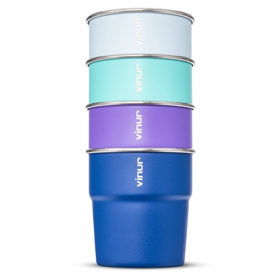 VINUR 4 Pack 8oz Stainless Steel Cups - Unbreakable Stackable Metal Tumblers for Camping, Travel, Car & Dorm - Rustproof Pint Glasses with Storage Case (Baby Blue-Navy-Teal-Purple)