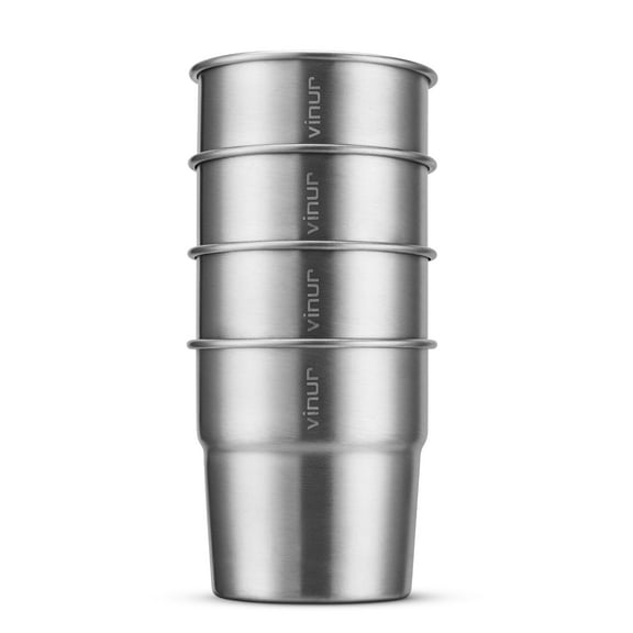 VINUR 4 Pack 8oz Stainless Steel Cups - Unbreakable Stackable Metal Tumblers for Camping, Travel, Car & Dorm - Rustproof Pint Glasses with Storage Case (Silver)
