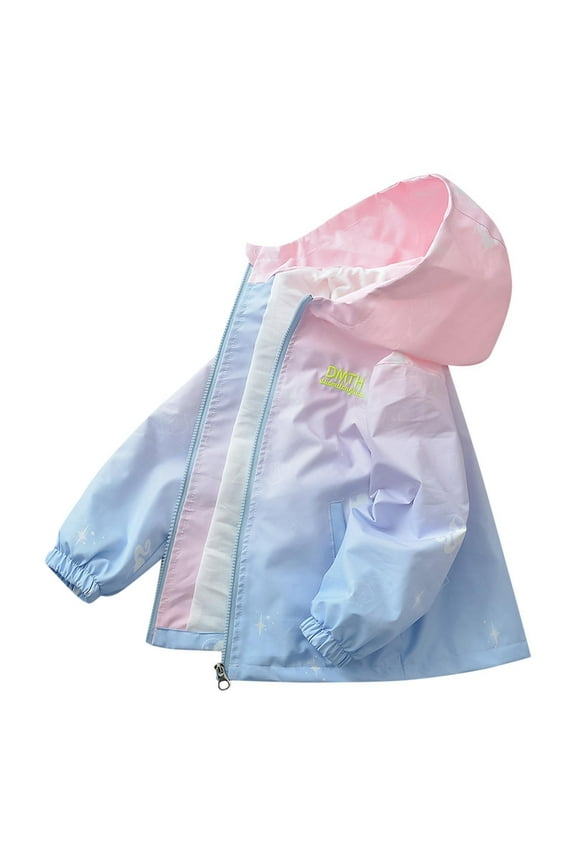Girl Hooded Rain Jacket Graphic Waterproof Windbreaker Lightweight Zipper Jackets Fall Long Sleeve Raincoats Blue,7 Years