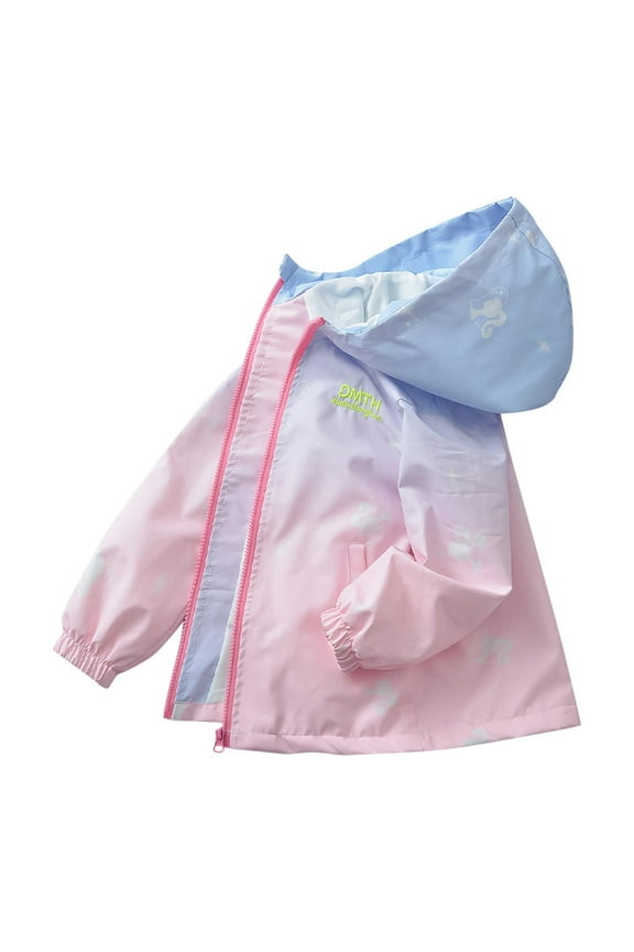 Girls Windbreaker Jacket with HoodCute Cartoon Waterproof Raincoat Lightweight Zip Up Outwear Rainjackets Pink,13 Years
