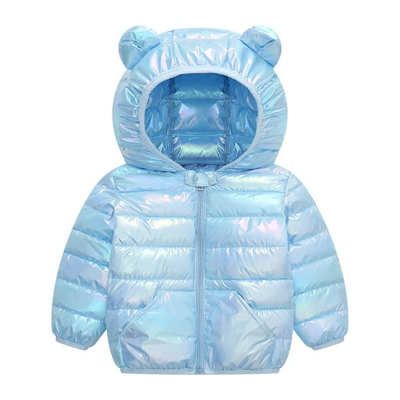 VINUSL Puffer Jacket For Toddler Girls Shiny Bear Ear Hooded Zip Light Jackets Packable Warm Outerwear With Pockets Light Blue,18 Months