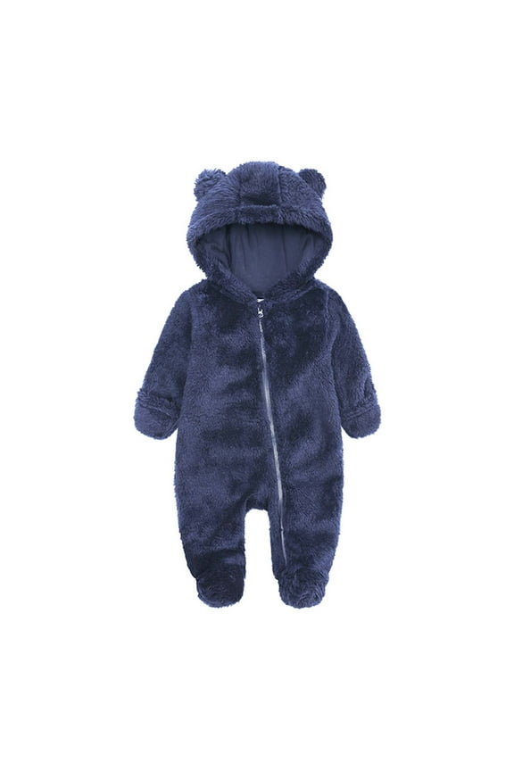 Baby Boy Romper Zip Up Hooded Flannel Footed Jumpsuit Bear Ears Fuzzy Long Sleeve Winter Thermal Onesies Bodysuit Dark Blue,6-9 Months