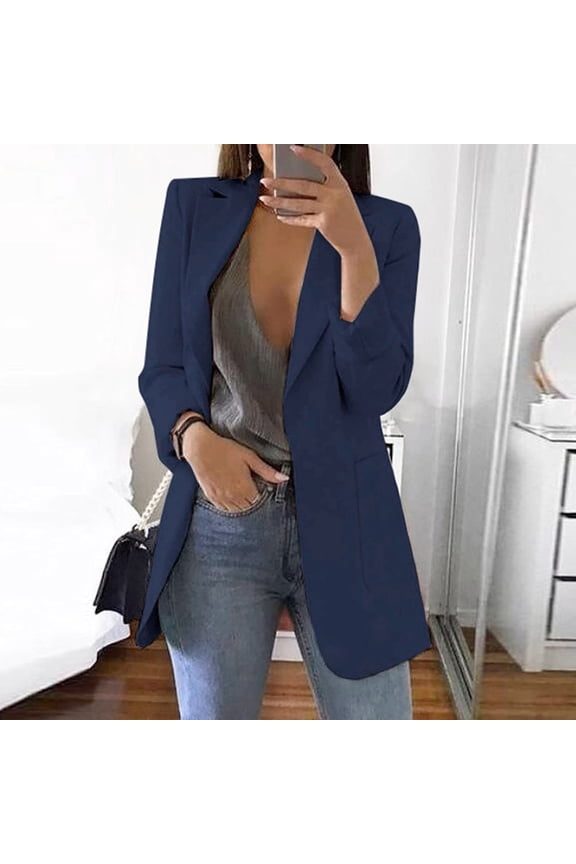 Blazer Jackets for Women One Button Open Front Cardigan Jacket Solid Color Plus Size Long Sleeve Lapel Collar Business Casual Work Office Outwear 2024 Navy,S