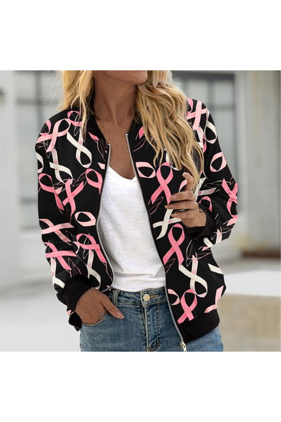 Bomber Jacket Women 2024,Women's Breast Cancer Bomber Jacket Casual Zip Up Pink Ribbon Coat Long Sleeve Windbreaker Lightweight Loose Fall Jackets with Pockets Pink,L