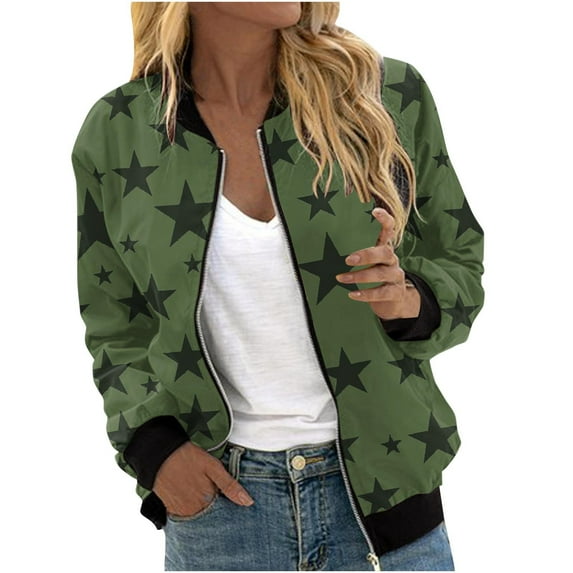 VINUSLI Bomber Jacket Women 2025 Causal Stars Print Zip Up Coats Long Sleeve Stand Collar Fall Jackets Lightweight Outerwear Tops Army Green,S