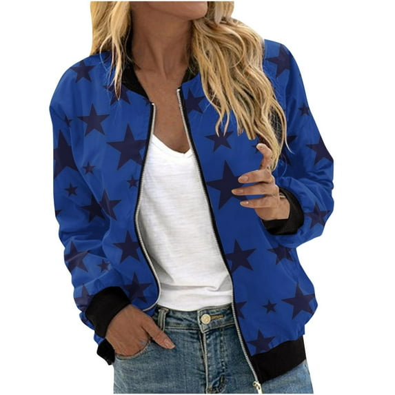 VINUSLI Bomber Jacket Women 2025 Causal Stars Print Zip Up Coats Long Sleeve Stand Collar Fall Jackets Lightweight Outerwear Tops Dark Blue,S