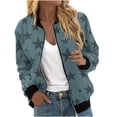 thumbnail image 1 of VINUSLI Bomber Jacket Women 2025 Causal Stars Print Zip Up Coats Long Sleeve Stand Collar Fall Jackets Lightweight Outerwear Tops Light Blue,M, 1 of 6