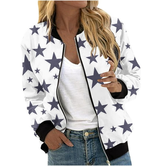 VINUSLI Bomber Jacket Women 2025 Causal Stars Print Zip Up Coats Long Sleeve Stand Collar Fall Jackets Lightweight Outerwear Tops White,XXL