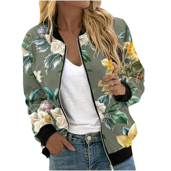 VINUSLI Bomber Jacket Women 2025 Long Sleeve Stand Collar Fall Jackets Lightweight Causal Floral Zip Up Coats Outwear Army Green,M