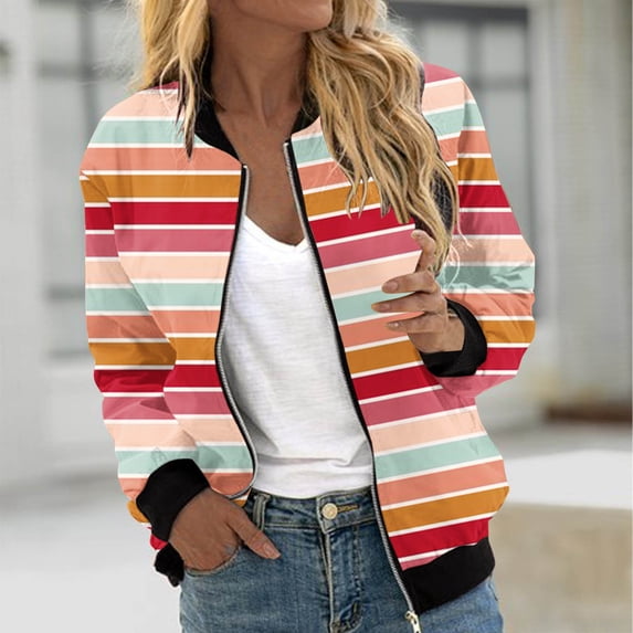 VINUSLI Bomber Jackets Women Spring Stripes Jackets for Women,2024 Full Zip Bomber Jacket Lightweight Fall Winter Coats Long Sleeve Oversized Windbreaker Red,XL