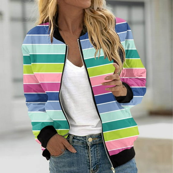 VINUSLI Bomber Jackets Women Spring Stripes Jackets for Women,2024 Full Zip Bomber Jacket Lightweight Fall Winter Coats Long Sleeve Oversized Windbreaker Purple,XXL