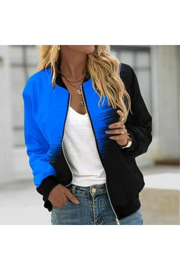 Bomber Jackets for Women 2024 Lightweight Zip Up Long Sleeve Jacket Fall Outdoor Windbreaker with Pocket Blue,L