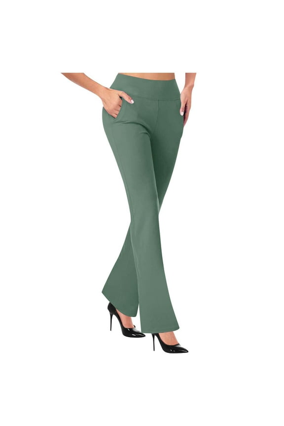 Business Casual Work Pants for Women Wide Leg High Waisted Solid Pull-On Pant Stretchy Bootcut Workout Everyday Office Trousers Army Green,M