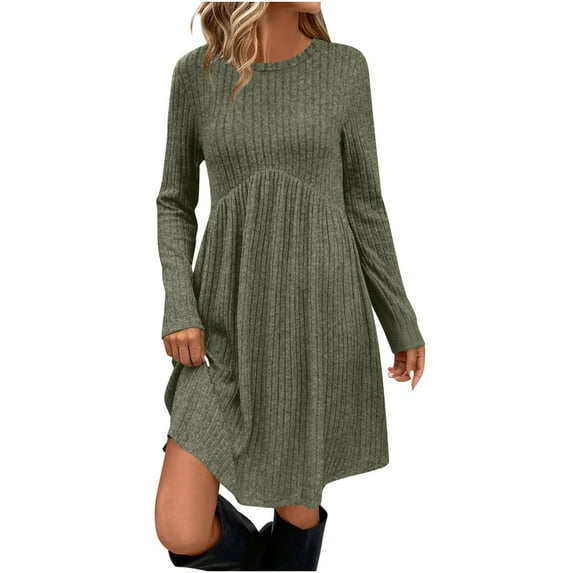 VINUSLI Cable Knit Sweater Women Dress Cozy Texture Long Sleeve Dresses Empire Waist Crewneck Winter Knee Length A Line Dress with Pockets Green,M