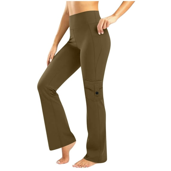 VINUSLI Cargo Dress Pants Women - High Waisted Bootcut Flare Leggings Tummy Control Straight Leg Yoga Pant Brown,L