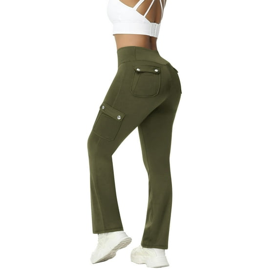 VINUSLI Cargo Jogger Pants Woman - Workout Scrunch Butt Lifting Leggings with Multi Pockets Skinny Gym Yoga Pant Army Green,M