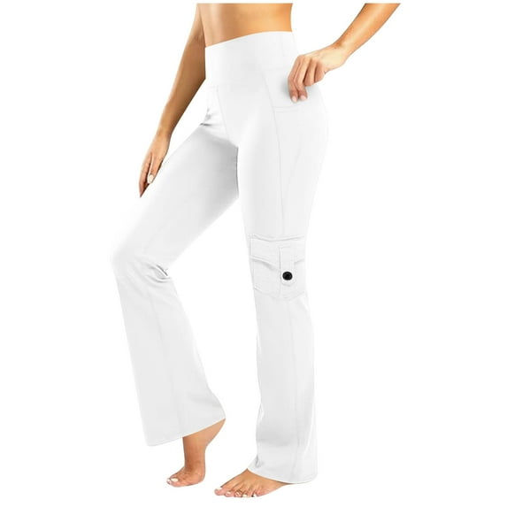 VINUSLI Cargos Pants Women - High Waisted Bootcut Flare Leggings Tummy Control Straight Leg Yoga Pant White,M