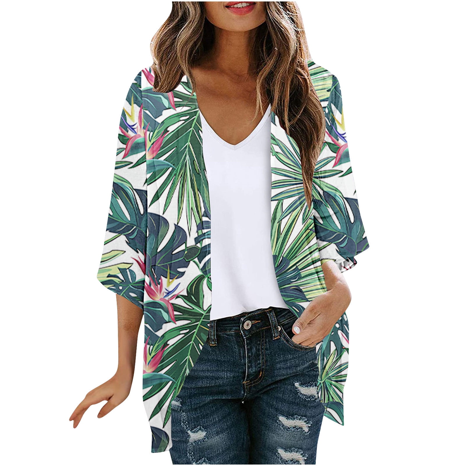 Kimono-Cardigan Für Damen – Blumenprint, Chiffon, Offene Front, Perfekt Als Bikini-Cover-Up Oder Sommerjacke