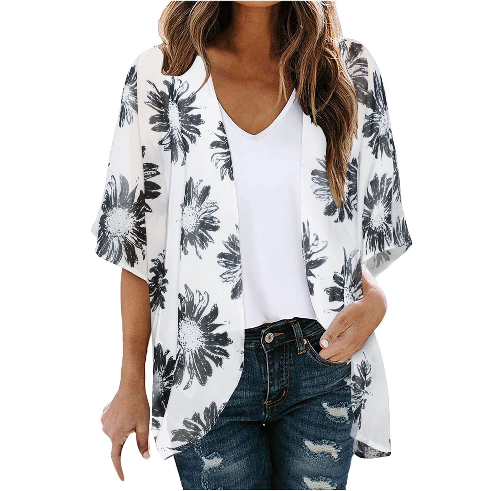 Finoceans Women's Floral Chiffon Kimono Cardigan - Sheer Loose Cover-Up (Pale Mauve, Small) - View #6