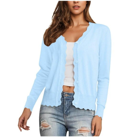 VINUSLI Chunky Cable Knit Cardigan Women - Button Down Ruffle Trim Cropped Cardigans Open Front Long Sleeve Shrugs Sweaters Light Blue,S