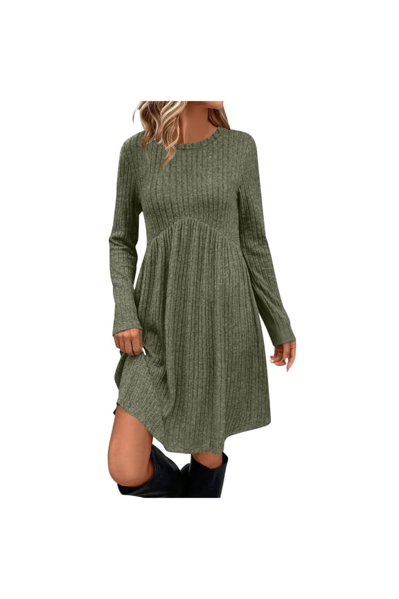 Chunky Knit Sweater Dress for Women Cozy Texture Long Sleeve Dresses Empire Waist Crewneck Winter Knee Length A Line Dress with Pockets Green,XL