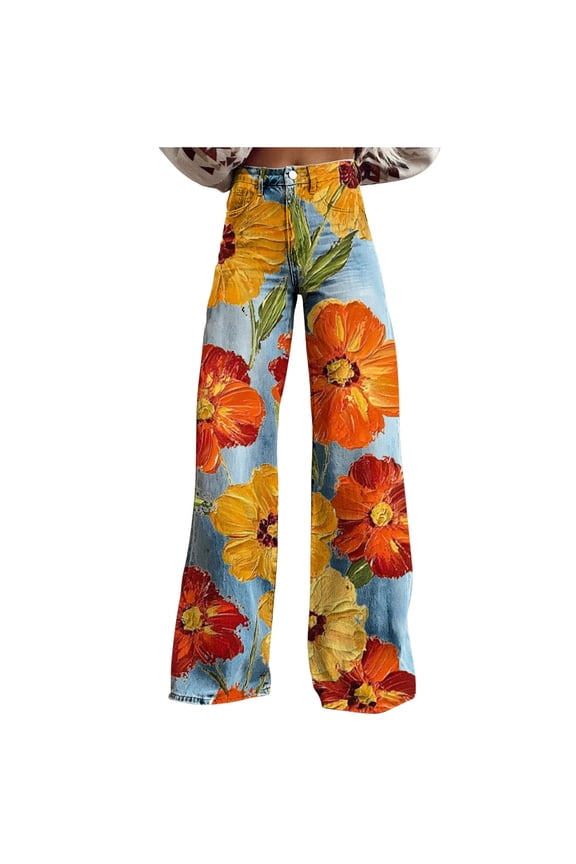 Curvy Jeans for Women High Waisted Flare Bottom Boho Printed Denim Pants Oversized Wide Leg Trousers Orange,M
