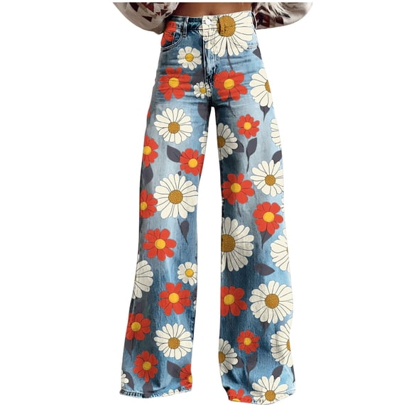 VINUSLI Cute Jeans for Women High Waisted Boho Vintage Print Wide Leg Denim Pants Oversized Bell Bottom Trousers Red,M