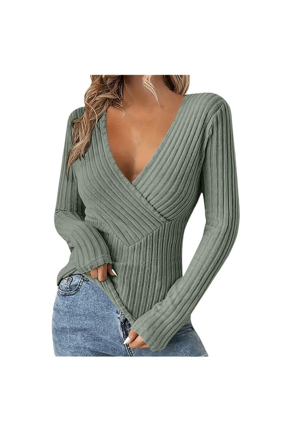 Deep V Neck Long Sleeve Tops for Women Lightweight Shirts Ribbed Knit Slim Fit Sweaters Pullover 2025 Fall Casual Work Tunic Shirts Green,L