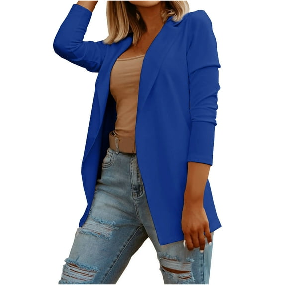 VINUSLI Fall Blazers for Women 2025 Trendy Casual Solid Color Business Blazer Lapel Open Front Long Sleeve Work Office Jackets Blue,S