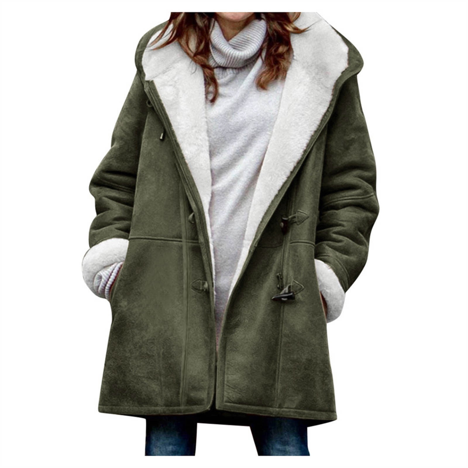 VINUSLI Faux Suede Jacket Women Dressy Horn Button Quilted Sherpa Fleece Outerwear Parka Coats Hooded Jackets​ Army Green,M