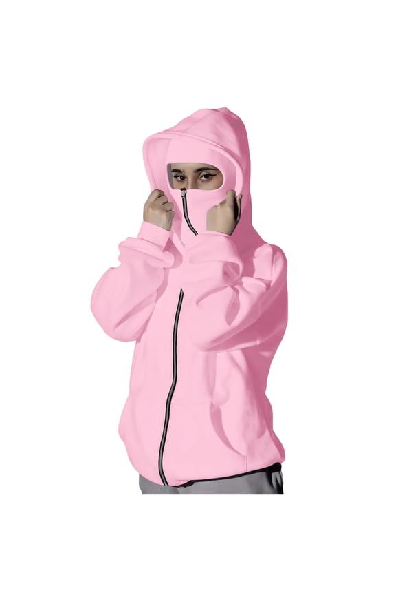 Fitted Zip Up Hoodie Women Balaclava Hoodies with Face Mask Double Layer Hooded Windproof Y2K Jackets Pink,XXL