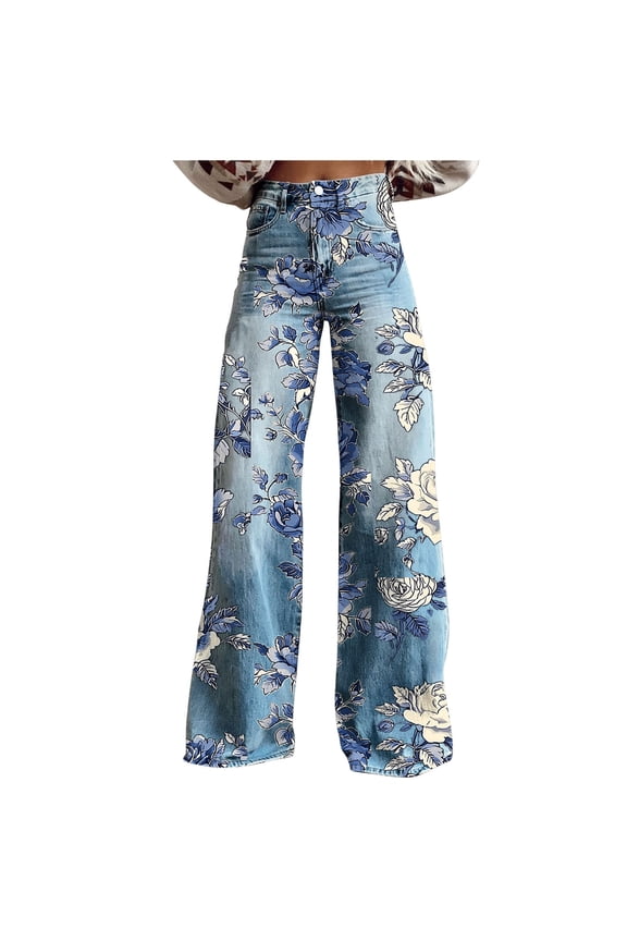 Flared Jeans for Women High Waisted Y2K Boho Wide Leg Denim Pants Loose Fit Vintage Printed Trousers Blue,S