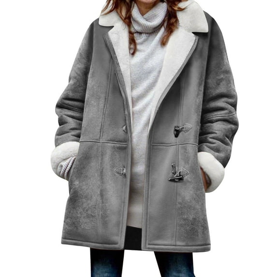 VINUSLI Fleece Jacket Women Plus Casual Outerwear Winter Soft Sherpa Horn Button Hoodie Faux Suede Pea Coats Gray,XXXXL