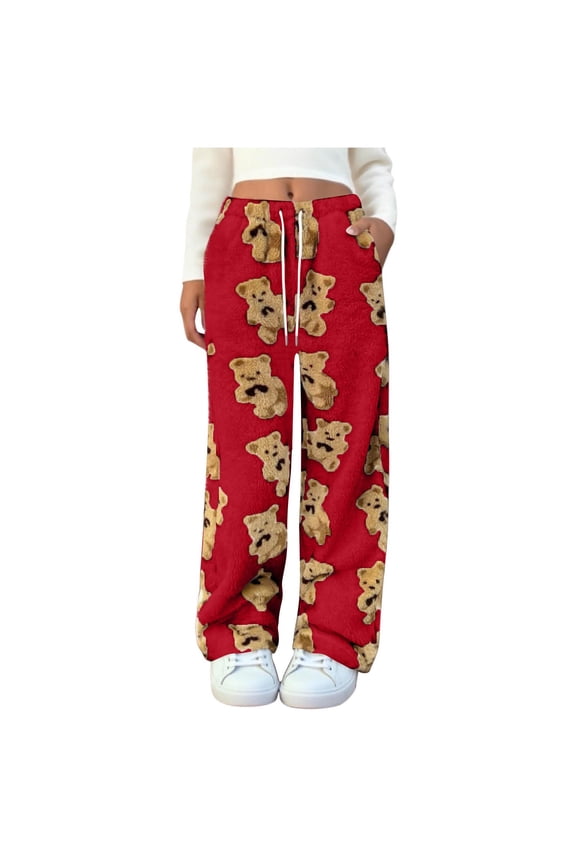 Fleece Lined Sweat Pants Women Drawstring Elastic Waist Fuzzy Plush Teddy Bear Pajama Pant Wide Leg Lounge Pant Red,L