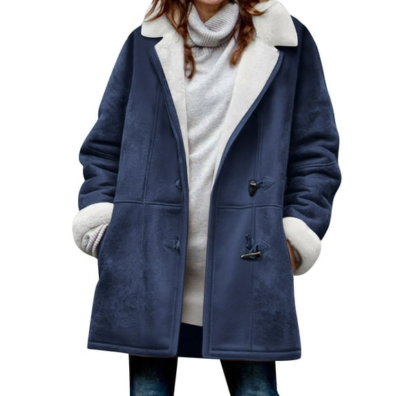VINUSLI Fleece Lined Womens Jacket Casual Soft Winter Sherpa Horn Button Hoodie Faux Suede Pea Coats Outerwear Blue,L