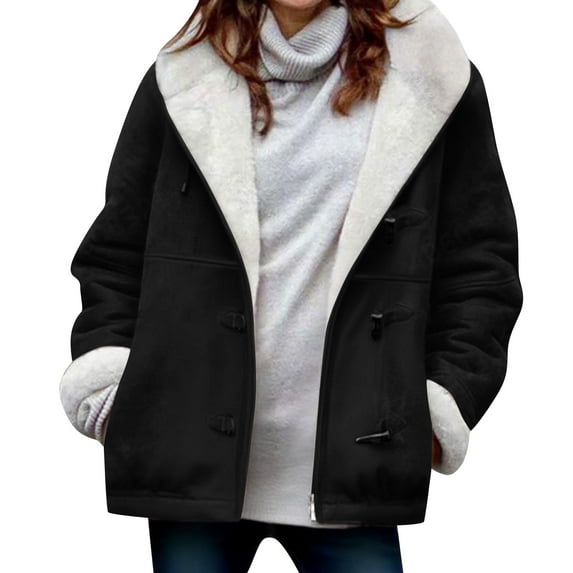 VINUSLI Fleece Winter Coats for Women Horn Button Long Sleeve Parka Hoodie Faux Suede Outerwear Pea Coats Black,XXL