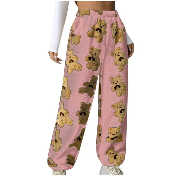 VINUSLI Fuzzy Lounge Pants Women Wide Leg Plush Teddy Bear Drawstring Elastic Waist Pajama Pants Slouchy Pant Pink,XL