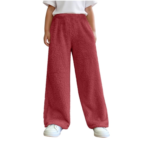 VINUSLI Girls Fleece Lined Pants Straight Leg Open Bottom Solid Joggers Sweatpants Warm Casual Lightweight Pull On Fall Winter Pant Red,8-9Years
