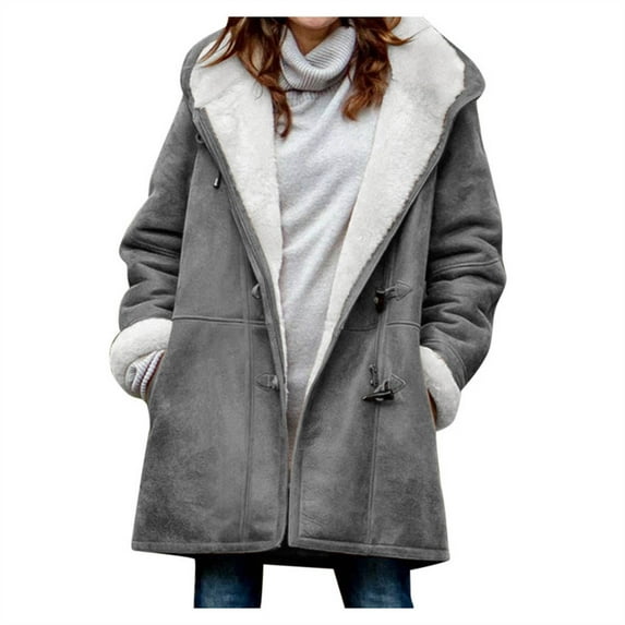 VINUSLI Heavy Suede Jacket Womens Horn Button Quilted Parka Coats Outerwear Sherpa Fleece Hooded Jackets Gray,XXXXL