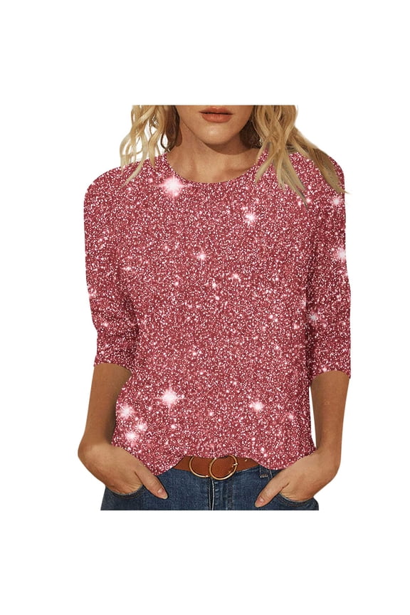 Holiday Party Tops for Women Trendy 3/4 Sleeve Round Neck Sequin Shirts Casual Dressy Sparkly Loose Pullover Blouse Pink,M