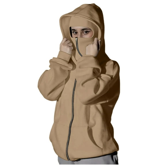 VINUSLI Hoodies for Women Zip Up Lightweight Balaclava Hoodie with Face Mask Double Layer Hooded Windproof Y2K Jackets Khaki,XL