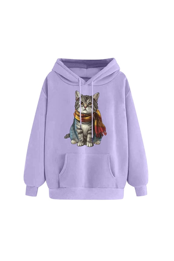 Hoodies for Women Cotton Cute Cat Drawstring Pullover Hoodie Kawaii Anime Graphic Sweatshirt with Pocket Purple,L