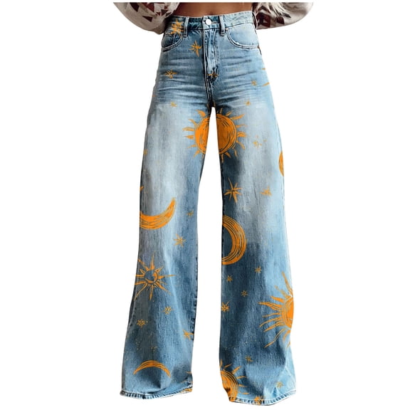 VINUSLI Jeans for Women Bell Bottoms High Waisted Wide Leg Denim Pants Plus Size Boho Vintage Print Trousers Gold,M