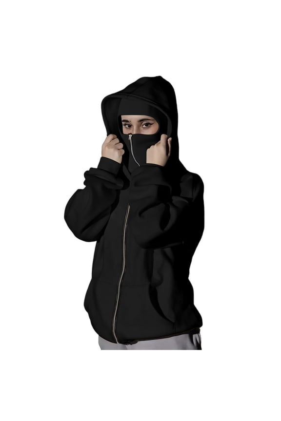 Hoodies for Women Full Zip Balaclava Hoodie with Face Mask Double Layer Hooded Windproof Y2K Jackets Black,S