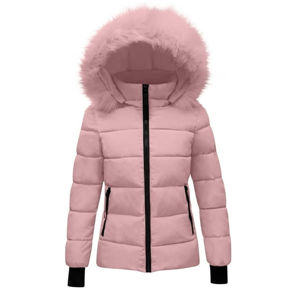 VINUSLI Junior Jackets Thicken Zip Up Unisex Down Jackets with Faux Fur Trim Hood Winter Insulated Quilted Coat Pink,7-8 Years